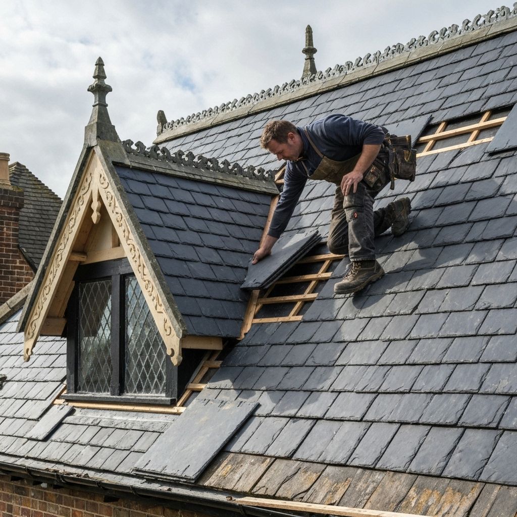 Craftsperson installing slate roof